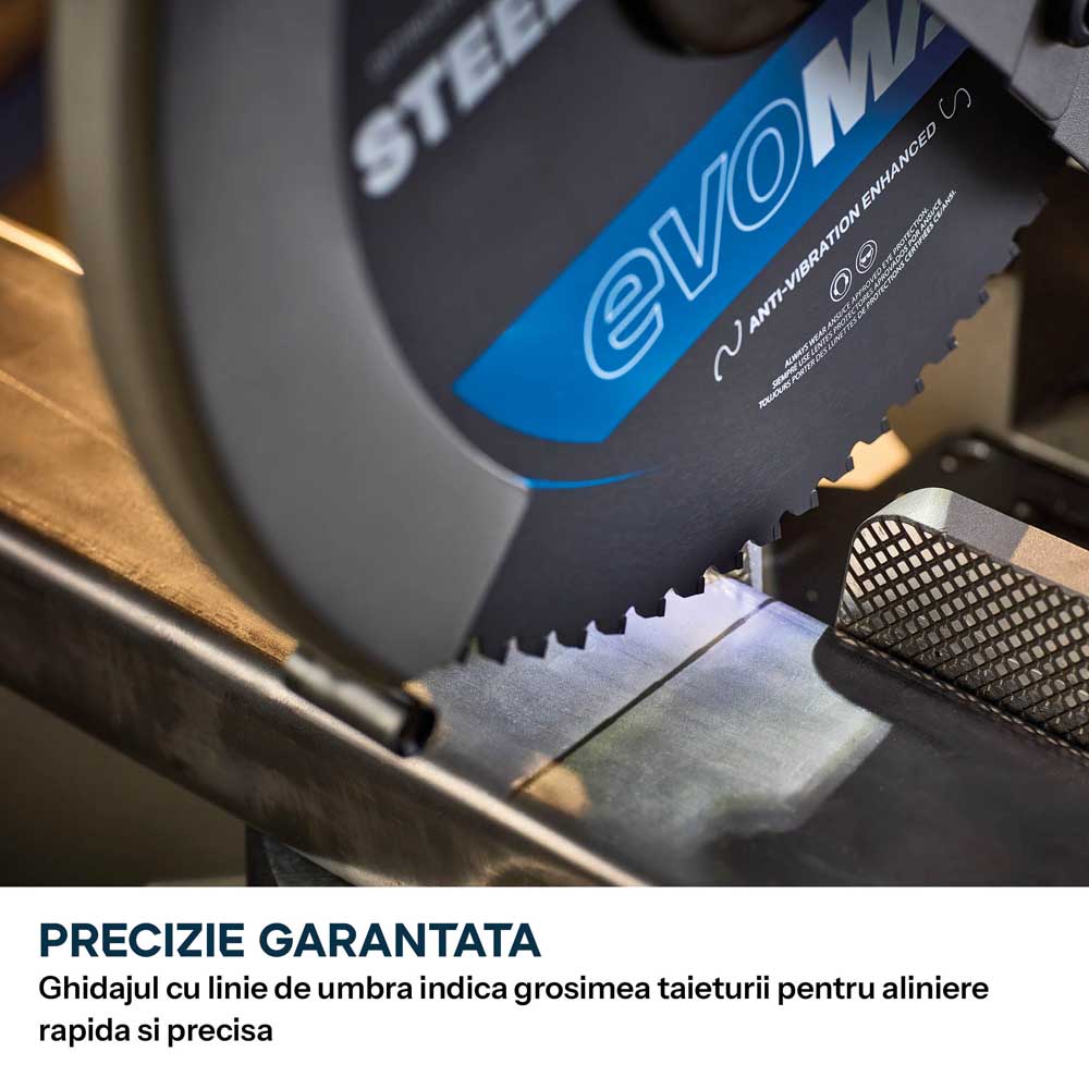 Fierastrau de debitat metal cu functie de taiere in unghi Evolution S355MCS-G2, echipat cu disc 355mm EVOMAX Cermet Long-Life 80T, tehnologie inteligenta a motorului si ghidaj Shadowline