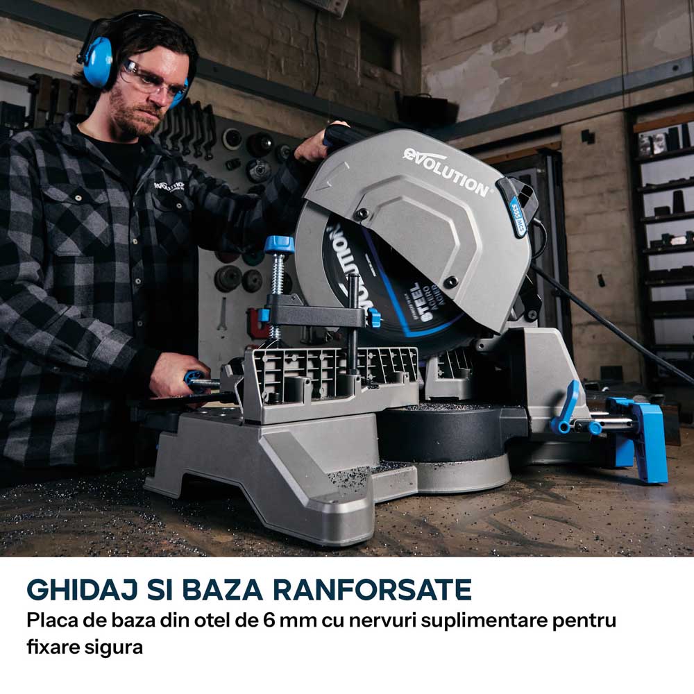 Fierastrau de debitat metal cu functie de taiere in unghi Evolution S355MCS-G2, echipat cu disc 355mm EVOMAX Cermet Long-Life 80T, tehnologie inteligenta a motorului si ghidaj Shadowline