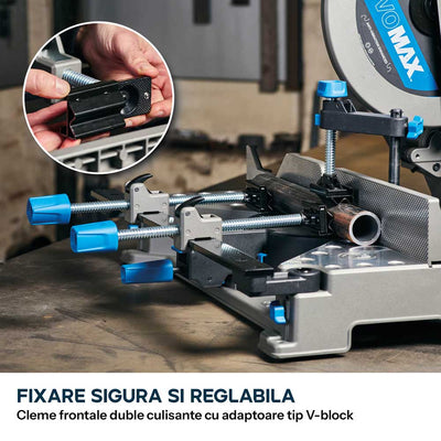 Fierastrau de debitat metal cu functie de taiere in unghi Evolution S355MCS-G2, echipat cu disc 355mm EVOMAX Cermet Long-Life 80T, tehnologie inteligenta a motorului si ghidaj Shadowline