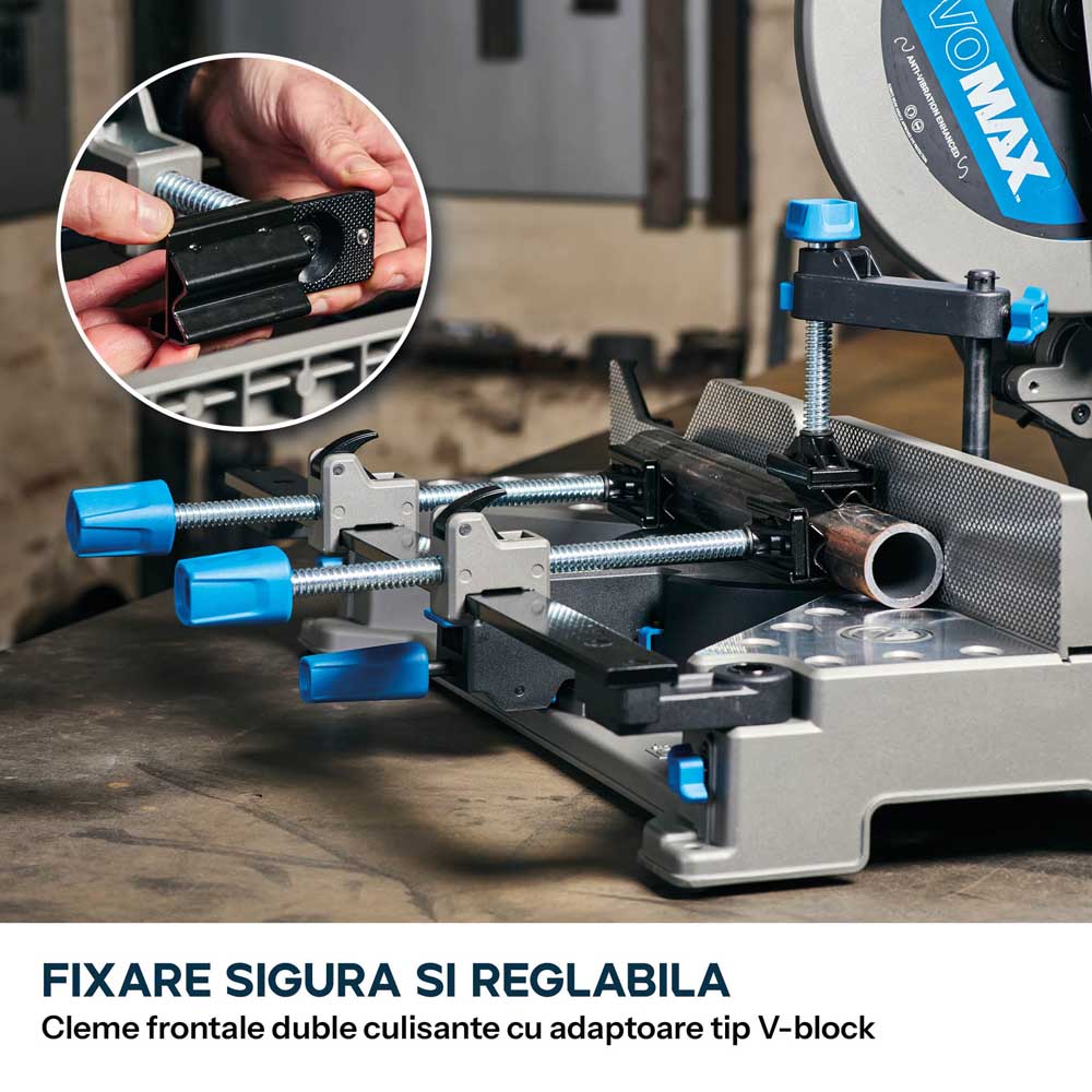 Fierastrau de debitat metal cu functie de taiere in unghi Evolution S355MCS-G2, echipat cu disc 355mm EVOMAX Cermet Long-Life 80T, tehnologie inteligenta a motorului si ghidaj Shadowline