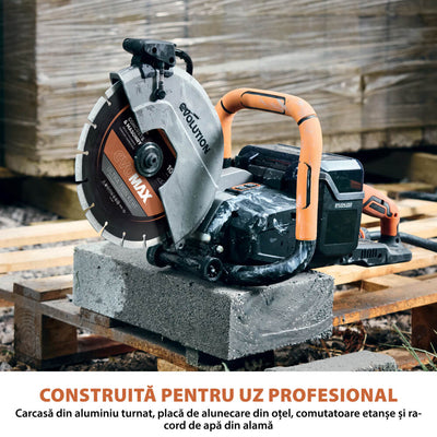 Masina de taiat beton fara fir Evolution R260DCT-Li cu disc Evomax 260mm si pulverizator apa