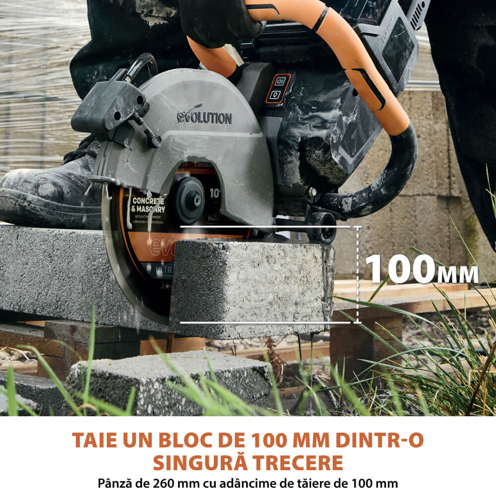 Masina de taiat beton fara fir Evolution R260DCT-Li cu disc Evomax 260mm si pulverizator apa