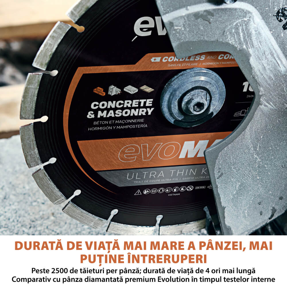 Masina de taiat beton fara fir Evolution R260DCT-Li cu disc Evomax 260mm si pulverizator apa