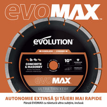 Masina de taiat beton fara fir Evolution R260DCT-Li cu disc Evomax 260mm si pulverizator apa