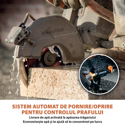 Masina de taiat beton fara fir Evolution R260DCT-Li cu disc Evomax 260mm si pulverizator apa