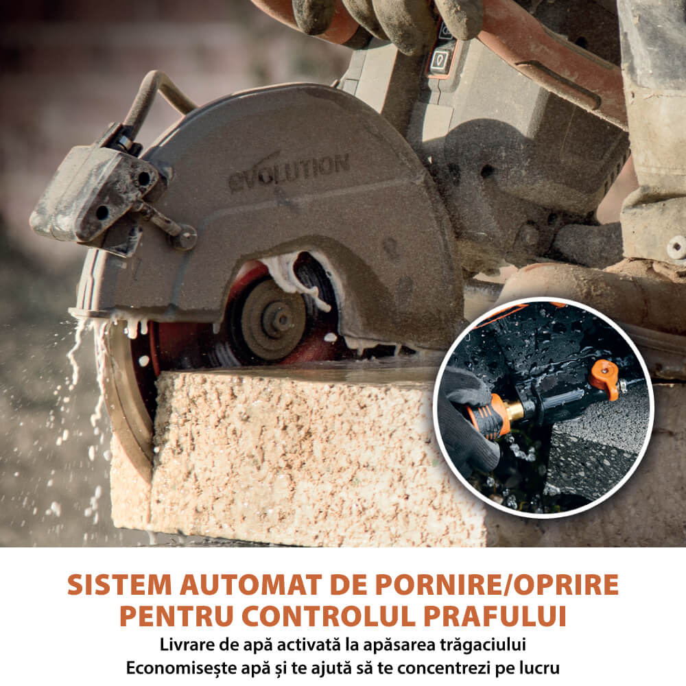 Masina de taiat beton fara fir Evolution R260DCT-Li cu disc Evomax 260mm si pulverizator apa
