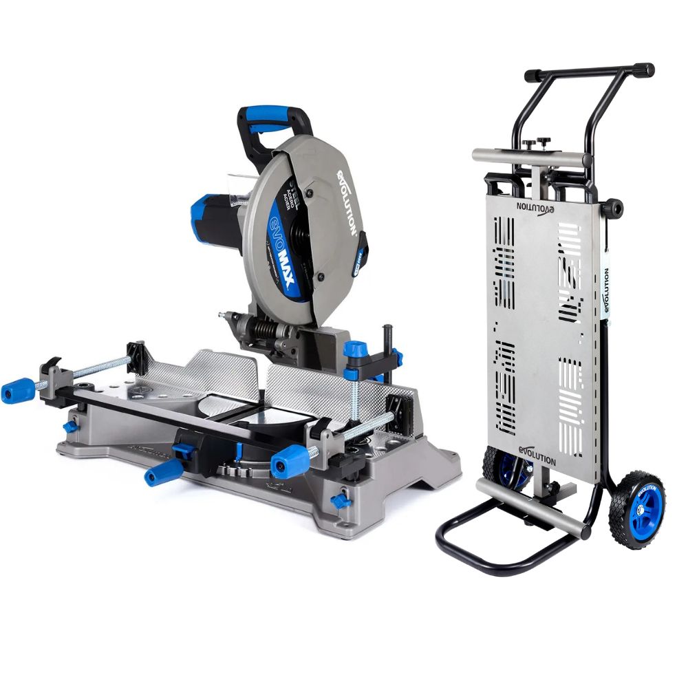 Pachet Fierastrau de debitat metal cu functie de taiere in unghi Evolution S355MCS-G2, echipat cu disc 355mm EVOMAX Cermet Long-Life 80T + Stand Hidraulic