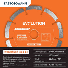 Disc diamantat Evolution Endurance de 150 mm pentru masina compacta de taiat beton, alezaj de 22,2 mm