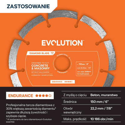 Disc diamantat Evolution Endurance de 150 mm pentru masina compacta de taiat beton, alezaj de 22,2 mm