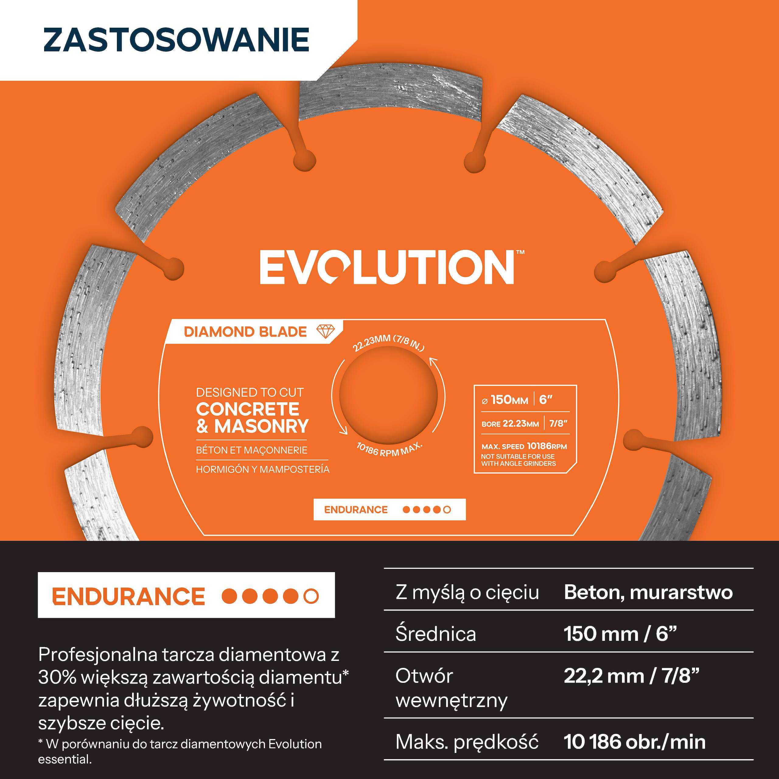 Disc diamantat Evolution Endurance de 150 mm pentru masina compacta de taiat beton, alezaj de 22,2 mm