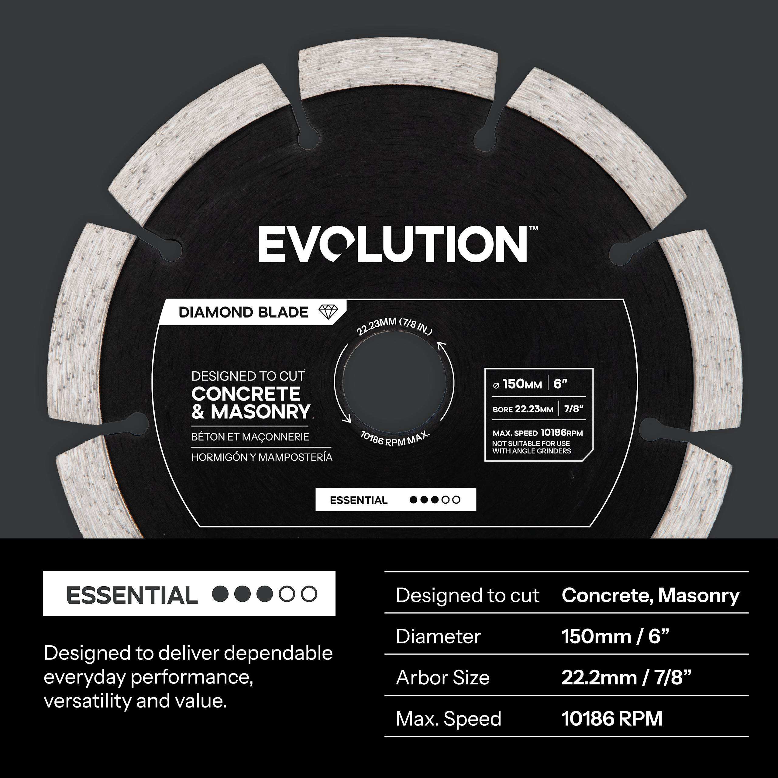 Disc diamantat Evolution Essential de 150 mm pentru masina de taiat beton, alezaj de 22,2 mm