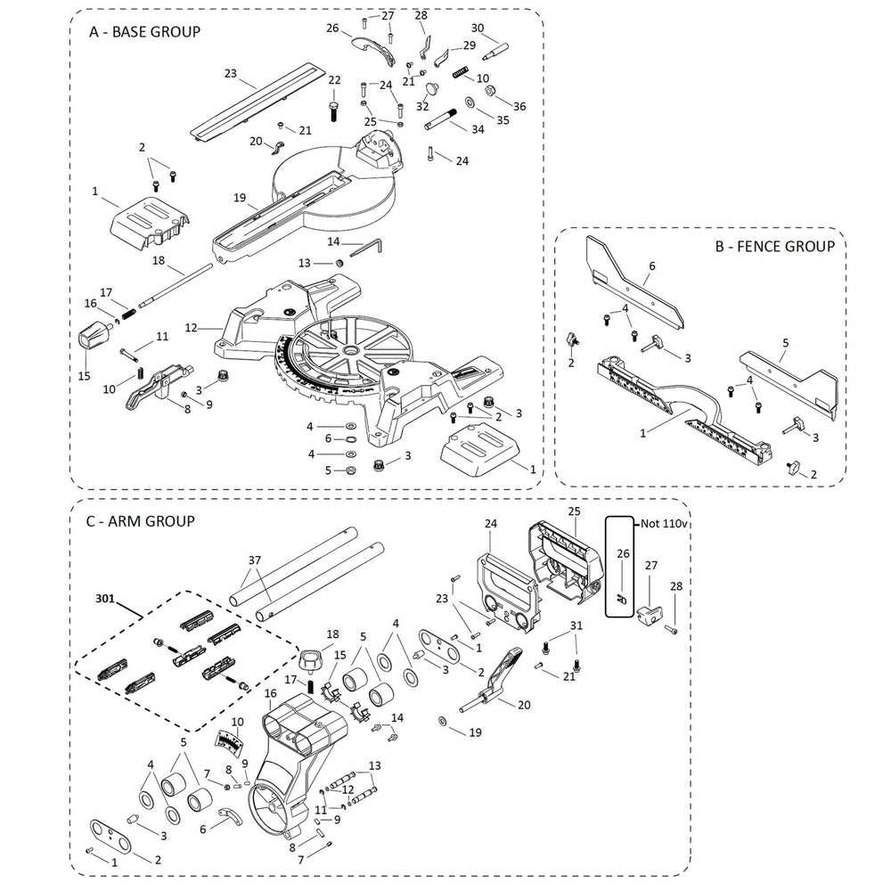Evolution R255SMS-DB Fierastrau glisant de taiere in unghi Piese de schimb (gat, sine, baza)